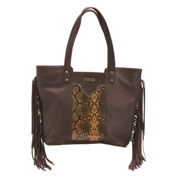 AMERICAN BISON Brown Leather Fringe Tote With Snake Embellishment - Picture 1 of 2